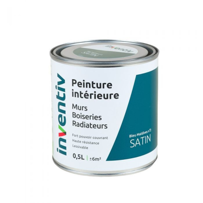 Peinture pour mur boiserie radiateur Bleu Maldives n°2 satiné 0,5 L INVENTIV