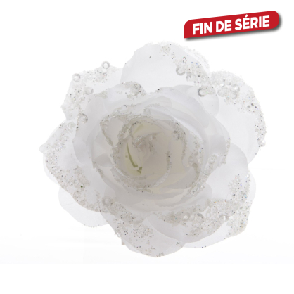 Décoration rose artificielle à clipser blanc d'hiver 14 cm DECORIS