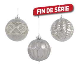 Boule de Noël en verre en relief blanc et argent Ø 10 cm DECORIS