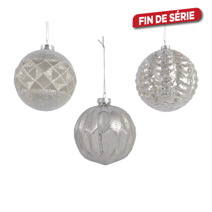 Boule de Noël en verre en relief blanc et argent Ø 10 cm DECORIS