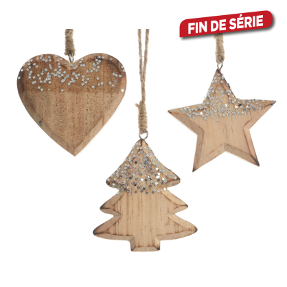 Suspension de Noël pailletée en bois d'épicéa DECORIS