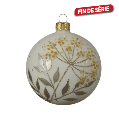 Boule de Noël en verre avec feuilles blanc laine Ø 8 cm DECORIS