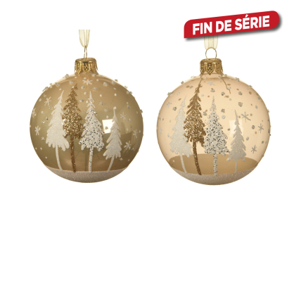 Boule de Noël en verre avec sapins perle Ø 8 cm DECORIS