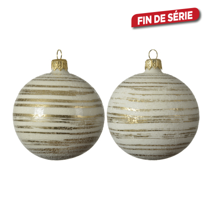 Boule de Noël en verre avec rayures blanc laine Ø 8 cm DECORIS