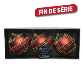 Boule de Noël en verre tartan bordeaux Ø 8 cm 3 pièces DECORIS