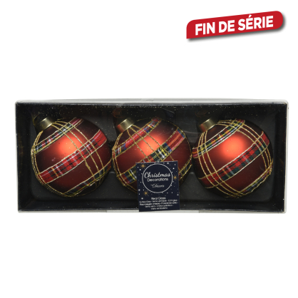 Boule de Noël en verre tartan bordeaux Ø 8 cm 3 pièces DECORIS