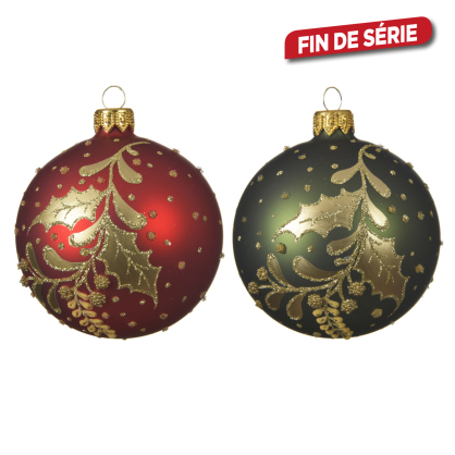 Boule de Noël en verre houx et baies Ø 8 cm DECORIS