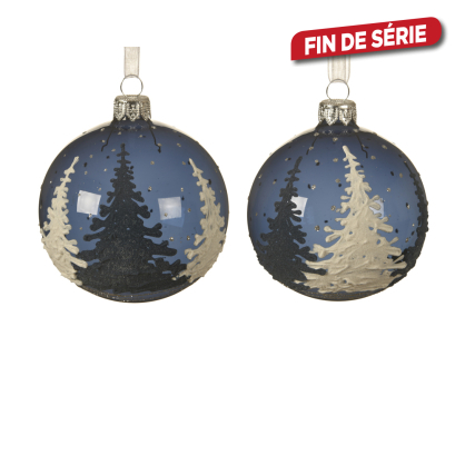 Boule de Noël en verre avec sapins bleu nuit Ø 8 cm DECORIS