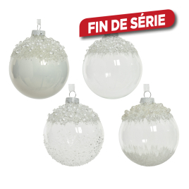 Boule de Noël en verre avec perles blanches Ø 8 cm DECORIS