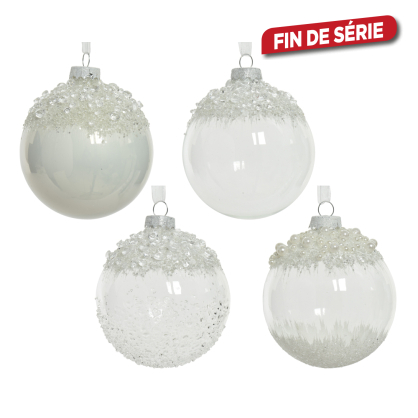 Boule de Noël en verre avec perles blanches Ø 8 cm DECORIS