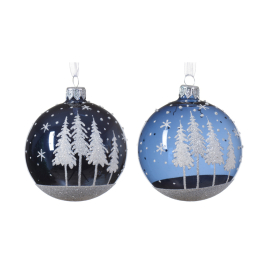 Boule de Noël en verre Ø 8 cm avec sapins bleu nuit DECORIS