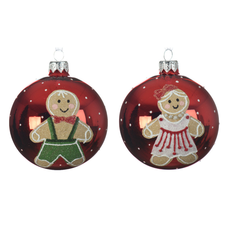 Boule de Noël en verre Ø 8 cm avec bonhomme en pain d'épice rouge DECORIS