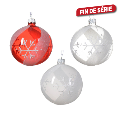 Boule de Noël en verre Ø 8 cm avec flocons et paillettes transparente DECORIS