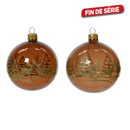 Boule de Noël en verre Ø 8 cm avec rennes brun gingembre transparent DECORIS