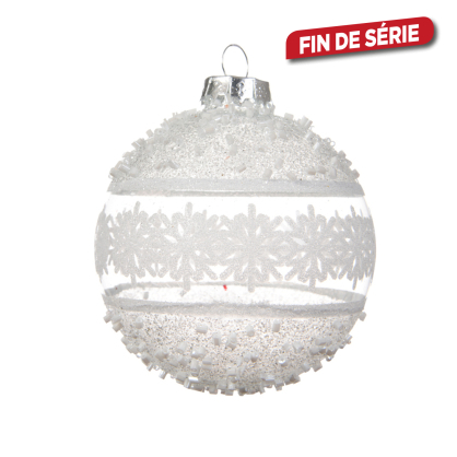 Boule de Noël en verre Ø 8 cm avec flocons et perles blanche DECORIS