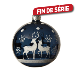 Boule de Noël en verre Ø 8 cm avec rennes et étoiles bleu nuit transparent DECORIS