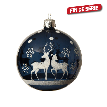 Boule de Noël en verre Ø 8 cm avec rennes et étoiles bleu nuit transparent DECORIS