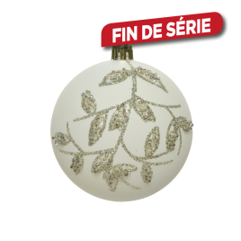 Boule de Noël incassable Ø 8 cm avec feuilles et perles blanc laine DECORIS