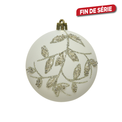 Boule de Noël incassable Ø 8 cm avec feuilles et perles blanc laine DECORIS