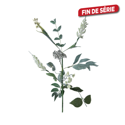 Branche enneigée avec feuilles d'eucalyptus blanche et verte 50 cm