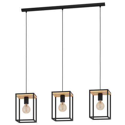 Suspension Libertad noire et bois naturel E27 3 × 40 W EGLO