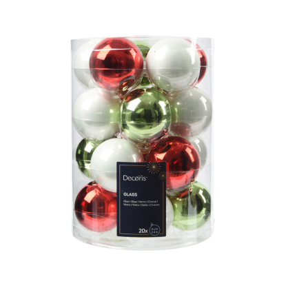 Set de boules de Noël en verre blanc d'hiver, rouge Noël et thé vert Ø 6 cm 20 pièces DECORIS