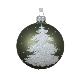 Boule de Noël en verre avec sapin enneigé vert romarin Ø 8 cm DECORIS