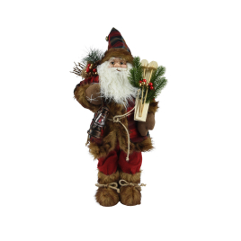 Figurine de Père Noël avec manteau rouge et brun à motif écossais 60 cm DECORIS