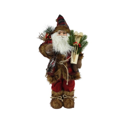 Figurine de Père Noël avec manteau rouge et brun à motif écossais 45 cm DECORIS