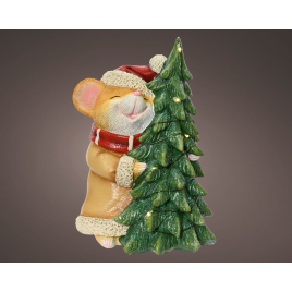 Figurine de souris avec sapin de Noël LED 16,5 cm LUMINEO