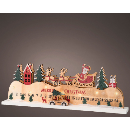 Calendrier de l'avent en bois avec scène de Noël LED blanc chaud 38 x 5 x 13 cm LUMINEO