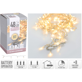 Guirlande intérieure et extérieure avec fil transparent 48 LED blanc chaud 3,5 m