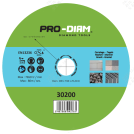 Disque diamant à jante continue pour carrelage 200 x 25,4 x 10 mm PRO-DIAM