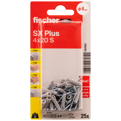 Cheville à expansion SX Plus Ø 4 x 20 mm avec vis 25 pièces FISCHER