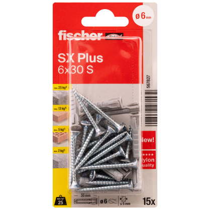 Cheville à expansion SX Plus Ø 6 x 30 mm avec vis 15 pièces FISCHER