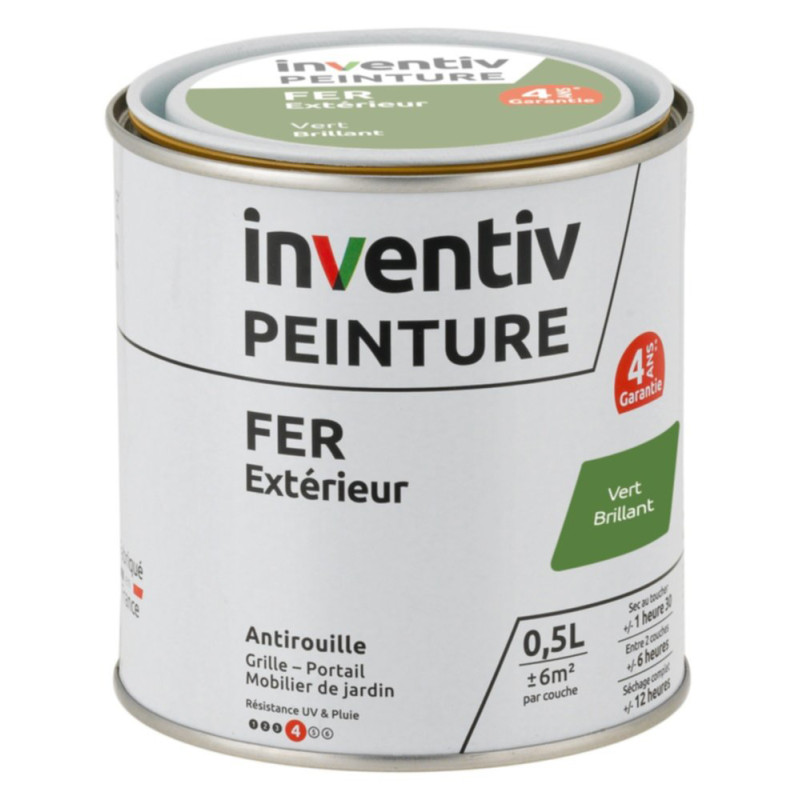 Peinture extérieure Fer 4 ans vert brillant 0,5 L INVENTIV