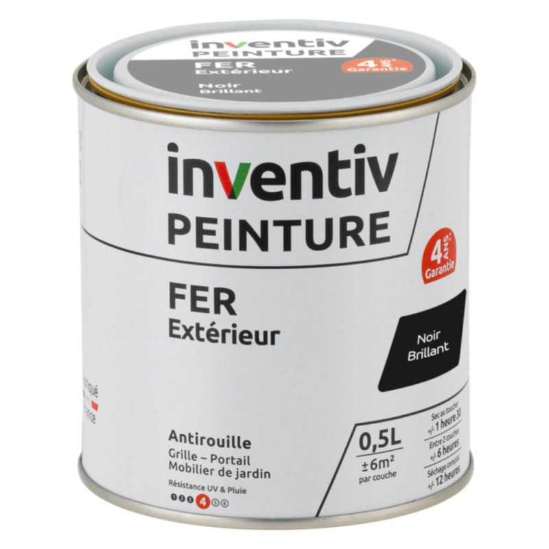 Peinture extérieure Fer 4 ans noir brillant 0,5 L INVENTIV