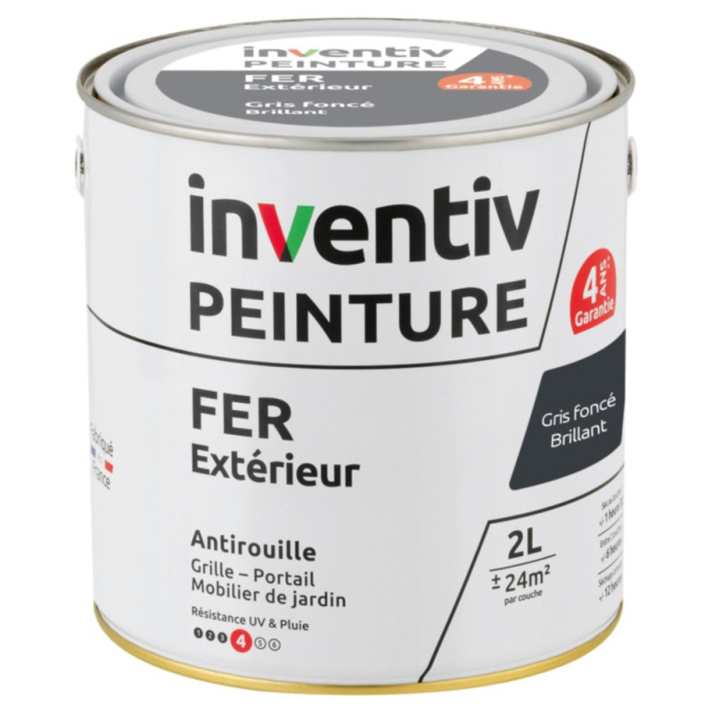 Peinture extérieure Fer 4 ans gris foncé brillant 2 L INVENTIV