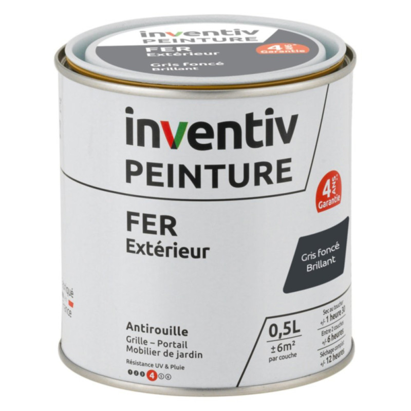 Peinture extérieure Fer 4 ans gris foncé brillant 0,5 L INVENTIV