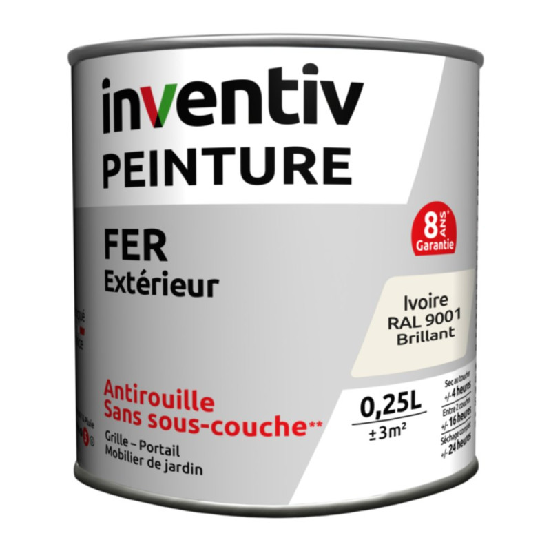 Peinture extérieure Fer 8 ans ivoire brillant 0,25 L INVENTIV