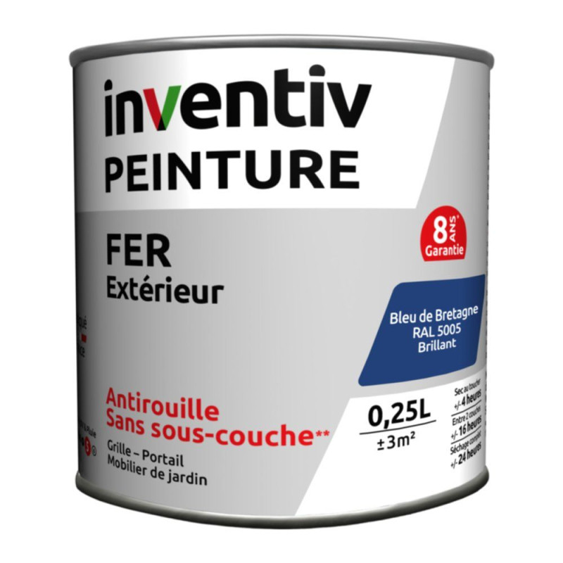 Peinture extérieure Fer 8 ans bleu de Bretagne brillant 0,25 L INVENTIV