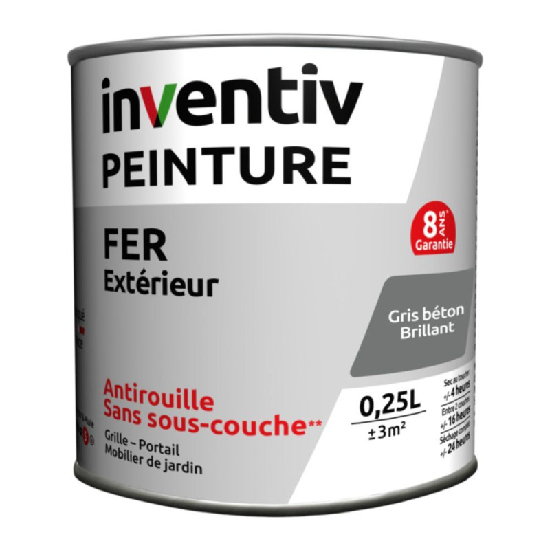 Peinture extérieure Fer 8 ans gris béton brillant 0,25 L INVENTIV