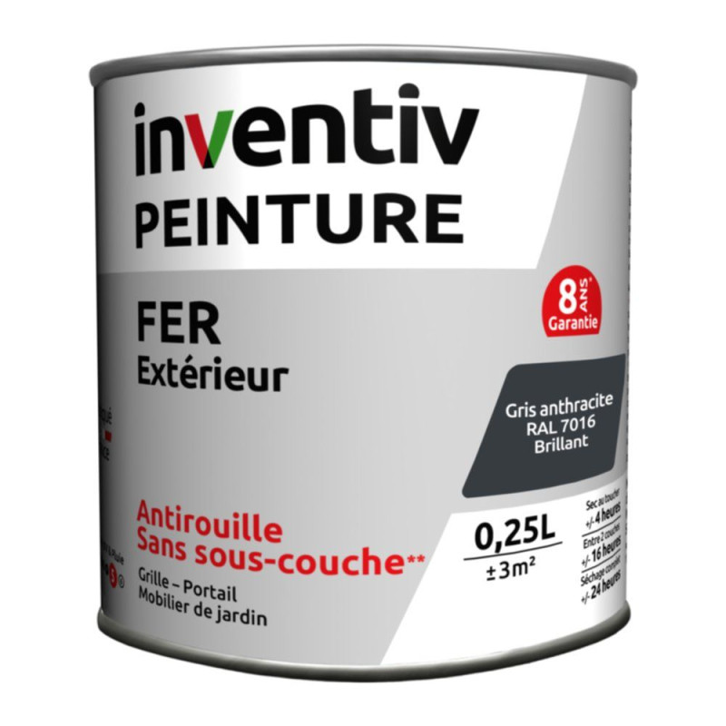 Peinture extérieure Fer 8 ans gris anthracite brillant 0,25 L INVENTIV