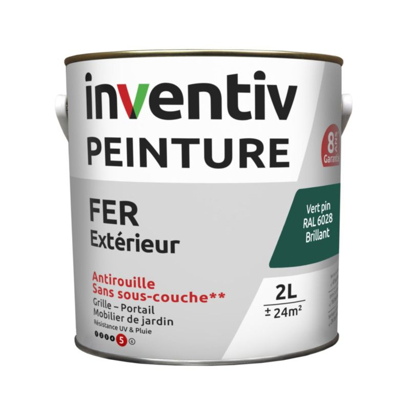 Peinture extérieure Fer 8 ans vert pin brillant 2 L INVENTIV