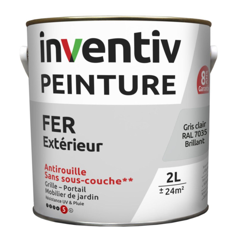 Peinture extérieure Fer 8 ans gris clair brillant 2 L INVENTIV