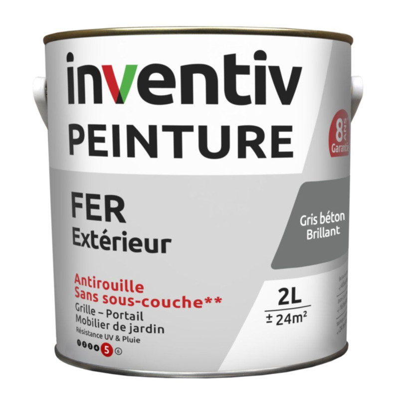 Peinture extérieure Fer 8 ans gris béton brillant 2 L INVENTIV