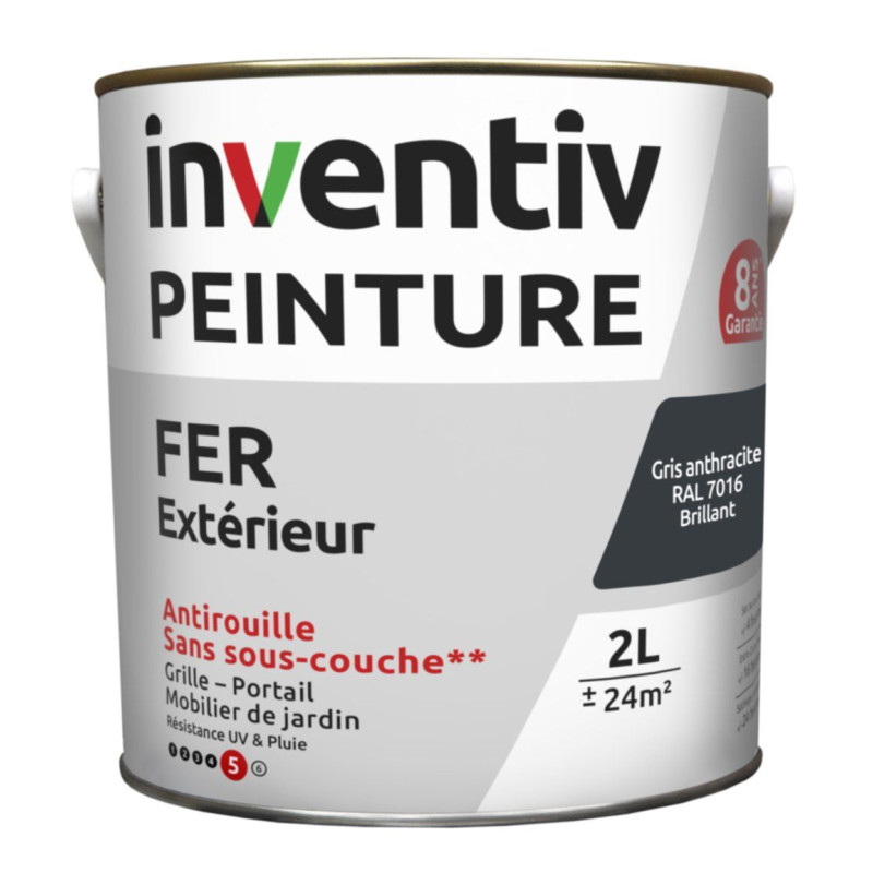 Peinture extérieure Fer 8 ans gris anthracite brillant 2 L INVENTIV