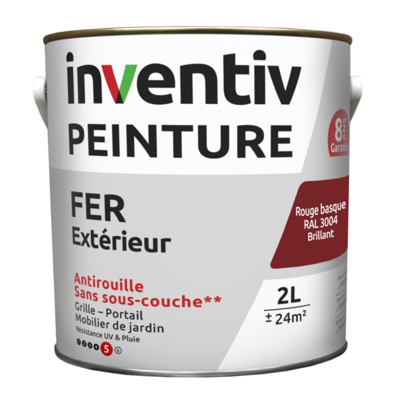 Peinture extérieure Fer 8 ans rouge basque brillant 2 L INVENTIV