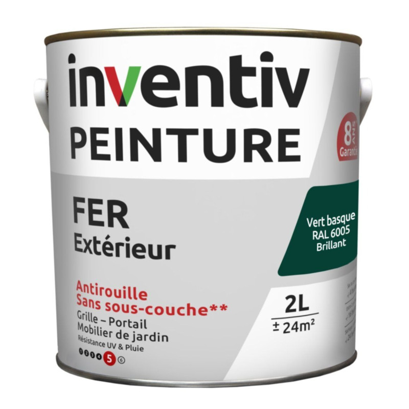 Peinture extérieure Fer 8 ans vert basque brillant 2 L INVENTIV