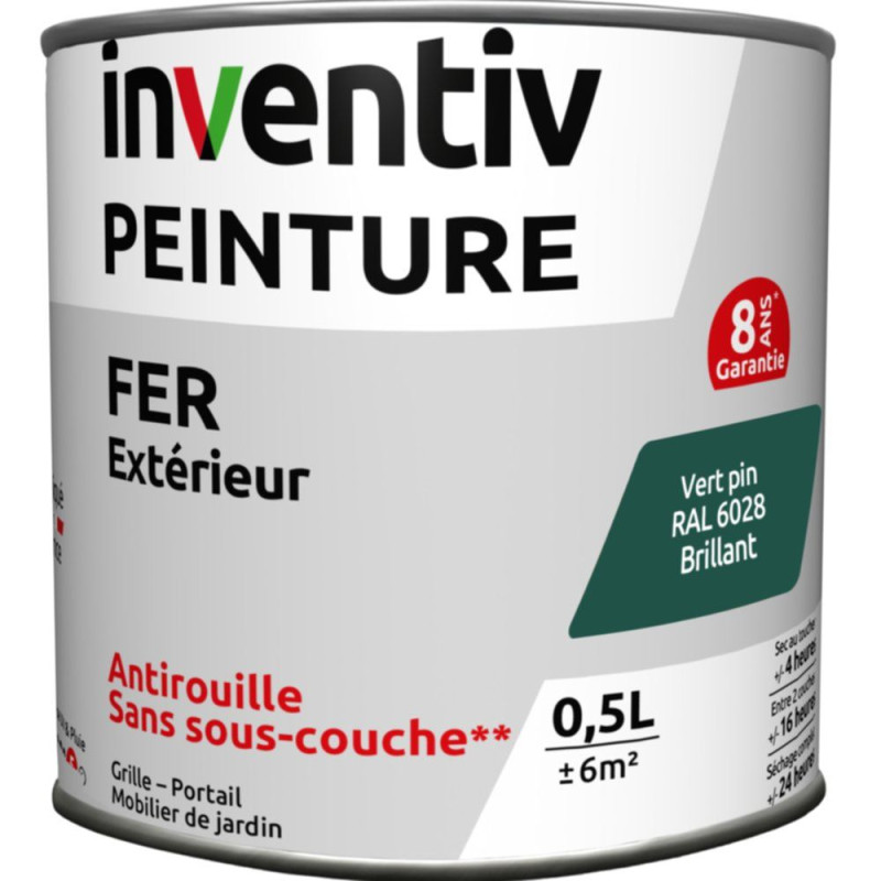 Peinture extérieure Fer 8 ans vert pin brillant 0,5 L INVENTIV